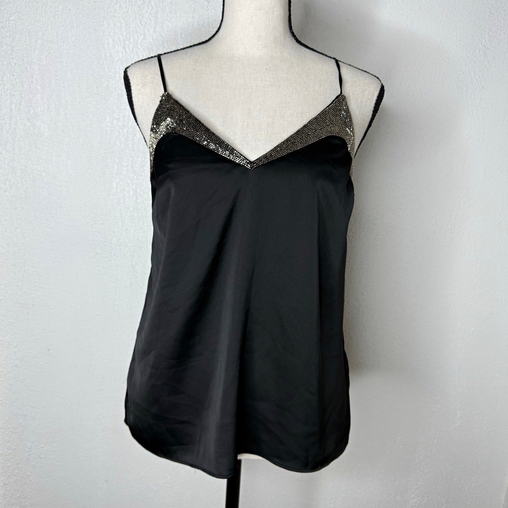 Express Women's XS Black Solid Polyester V-Neck Cami Beaded Adjustable Straps